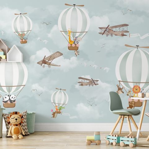 Kids Nursery Hot Air Balloon with Cartoon Animals Wallpaper Mural • Wallmur®