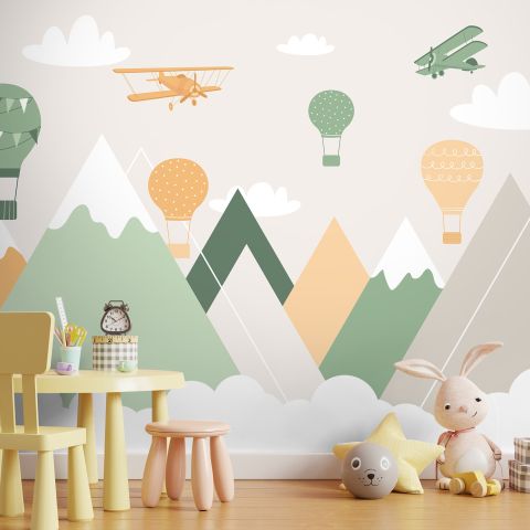Nursery Mountain Landscape with Hot Air Balloons Wallpaper Mural • Wallmur®