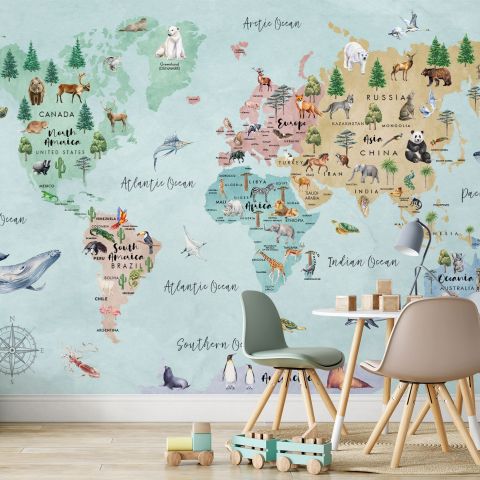 Children Safari World Map Wallpaper Mural