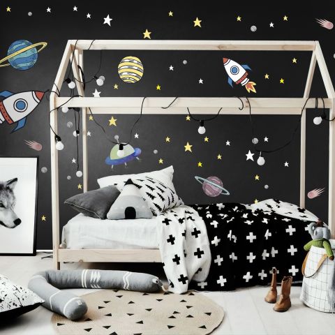 Colorful Space with Little Falling Stars and Planets Wall Decal Sticker •  Wallmur®