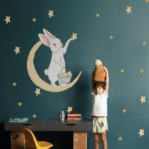Nursery Cute Rabbit on the Crescent Moon and Yellow Stars Wall