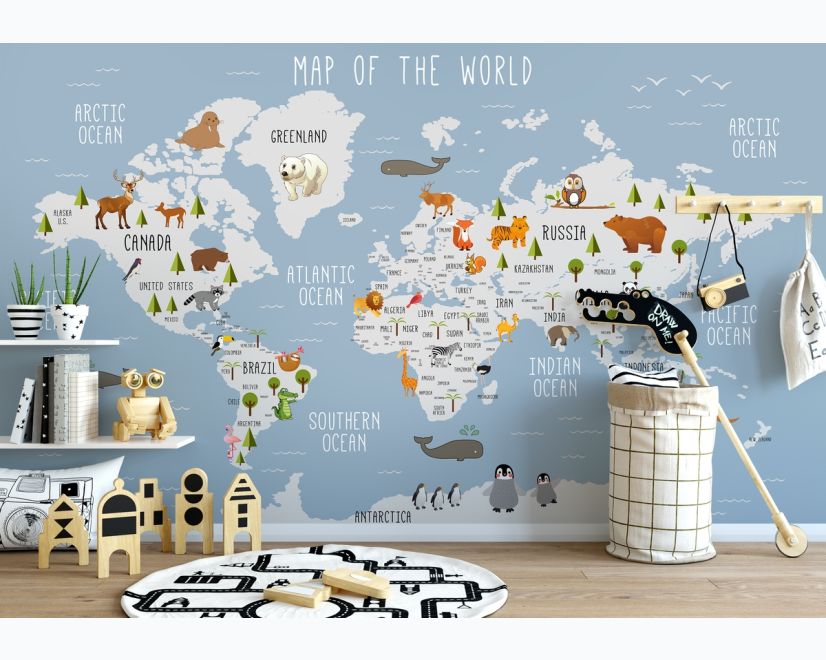 Kids World Map with Animals Wallpaper Mural • Wallmur®
