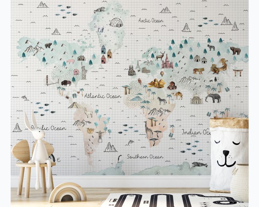 Kids Map with Little Animals Wallpaper Mural • Wallmur®