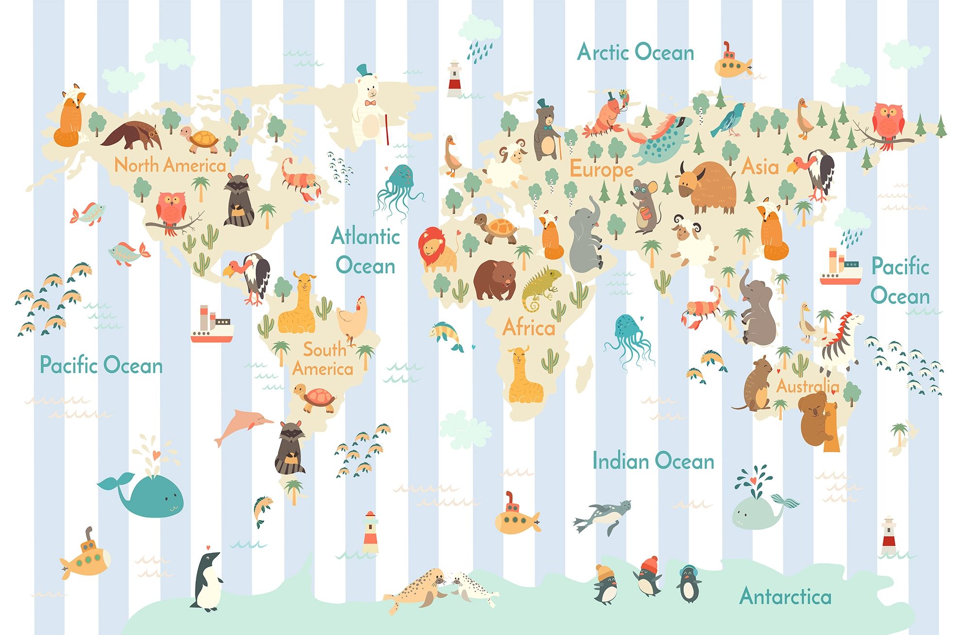 Kids Animals World Map with Stripe Pattern Wallpaper Mural • Wallmur®