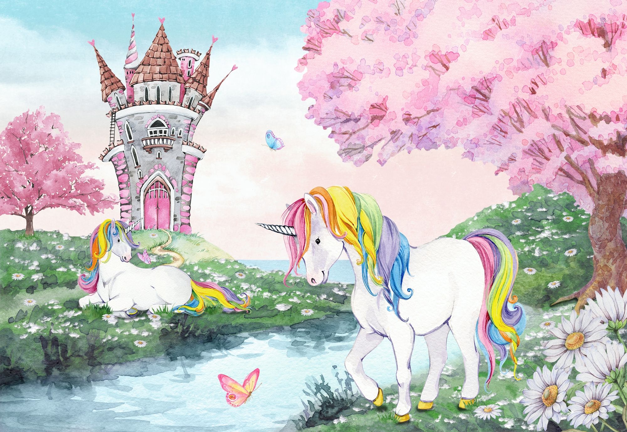 Kids Girls Unicorn with Pink Florals Wallpaper Mural • Wallmur®
