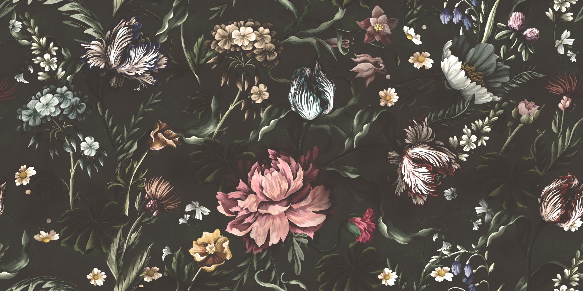 Dutch Flower Peony with Tulips Dark Floral Wallpaper Mural • Wallmur®