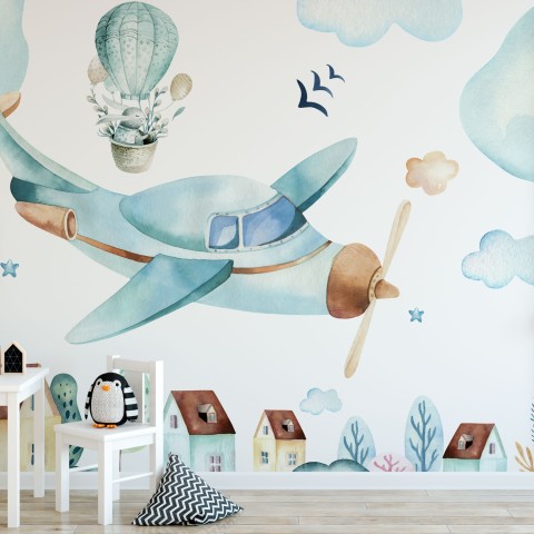 Watercolor Cartoon Village and Airplane Wallpaper Mural • Wallmur®