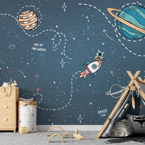 Kids Shining Cartoon Space with White Stripe Wallpaper Mural • Wallmur®