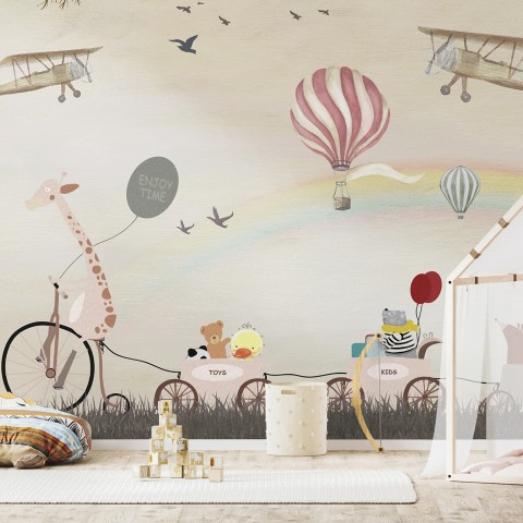 Vintage Hot Air Balloon and Rainbow Wallpaper Mural • Wallmur®