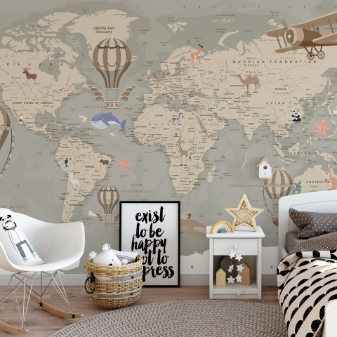 Kids Soft Brown Political World Map with Drawing Animals Wallpaper ...