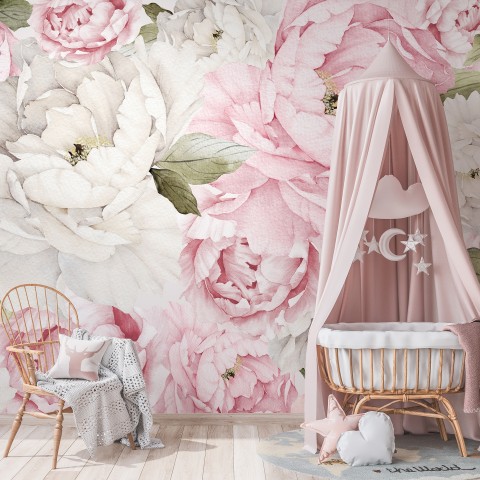 Nursery Watercolor Pink Peony Floral Blossom Wallpaper Mural • Wallmur®